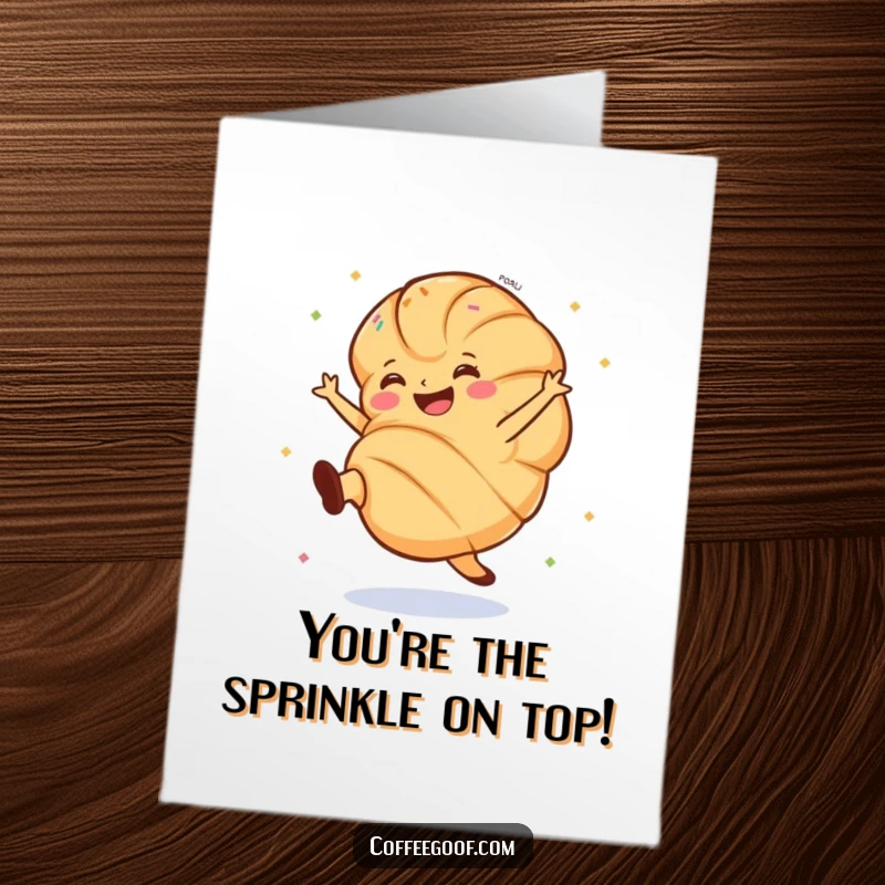 Funny Free Printable Thank You Card: A grinning croissant does a cartwheel with sprinkles flying, conveying heartfelt thanks with a smile.