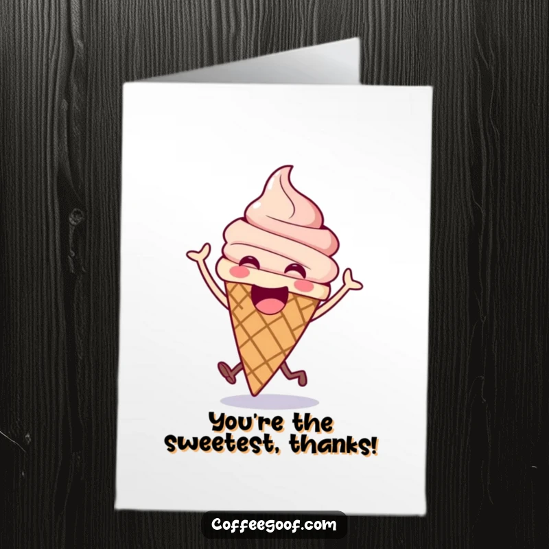 Funny free printable thank you card: an excited ice cream cone happily bouncing, conveying thanks with sweet, energetic joy and a big smile.
