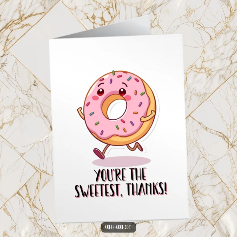 Funny Free Printable Thank You Card featuring a grinning donut character with sprinkles bouncing as it hops thankfully.