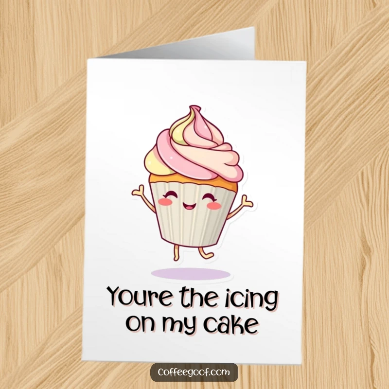 Funny Free Printable Thank You Card: A cheerful cupcake character with a frosting swirl is dancing a happy thank you jig.