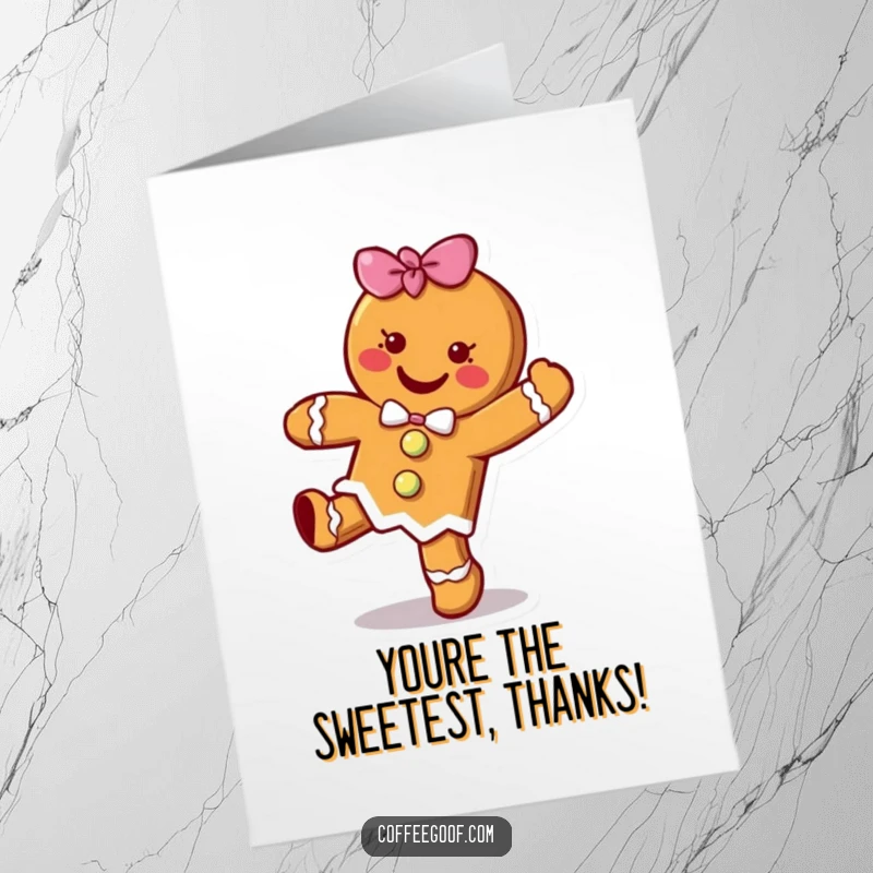 Free Printable Thank You Card: A happy gingerbread cookie character doing a cheerful hop, conveying thanks with sugary enthusiasm.