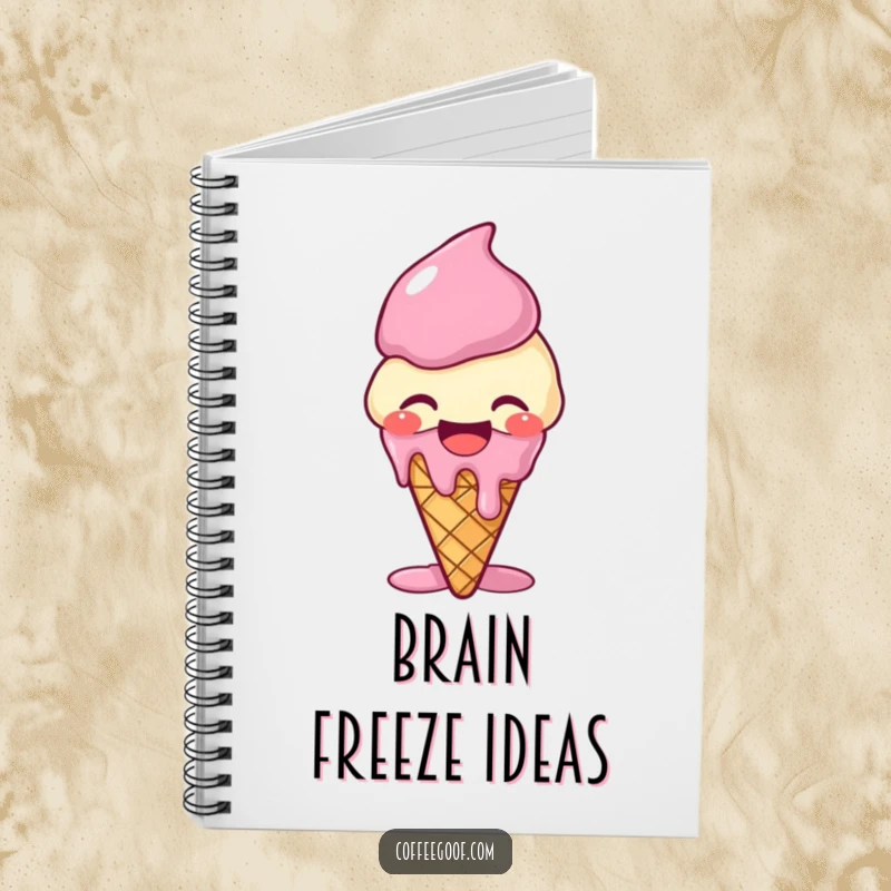 Funny giggling ice cream cone notebook, melting with laughter, perfect for jotting down sweet thoughts with a touch of humor.