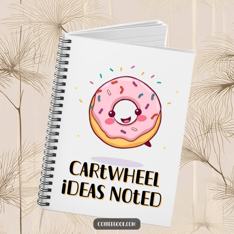 Funny notebook cover featuring a smiling donut doing a cartwheel, sprinkles flying. Ideal for journaling, notes, or sweet brainstorming.