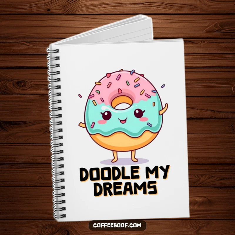 Funny Donut Notebook featuring a happy donut with lively dancing sprinkles, perfect for notes and doodles.