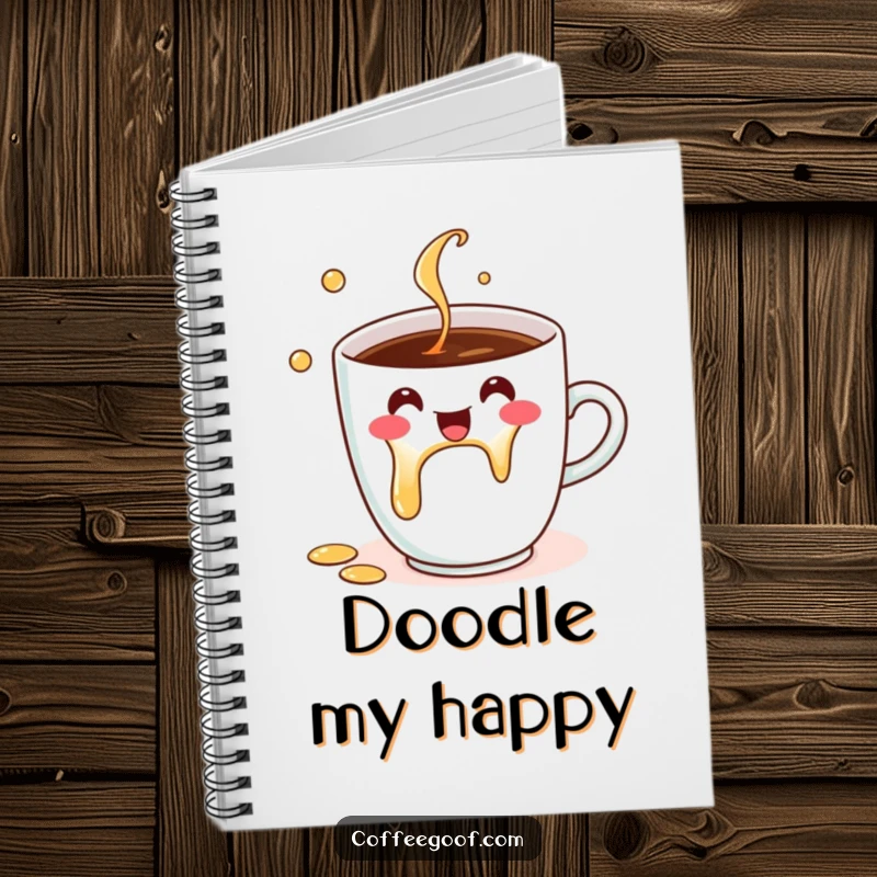 Funny Notebook featuring a cheerful coffee cup character spilling, perfect for note-taking with a dose of humor and as a funny gift.