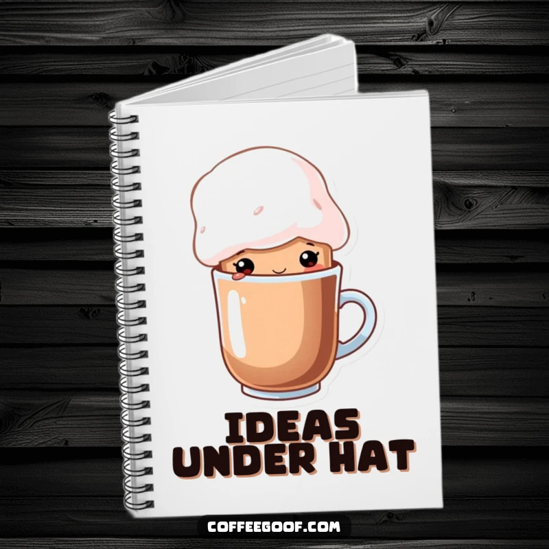 Funny cup of cocoa character wearing a whimsical marshmallow hat on a spiral notebook cover, a cozy stationery item