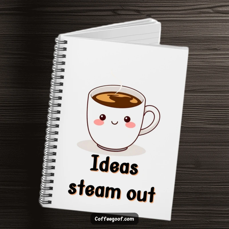 Funny notebook cover with a cheerful coffee cup character, steam, and a wiggling handle, inspiring creative and humorous note-taking.