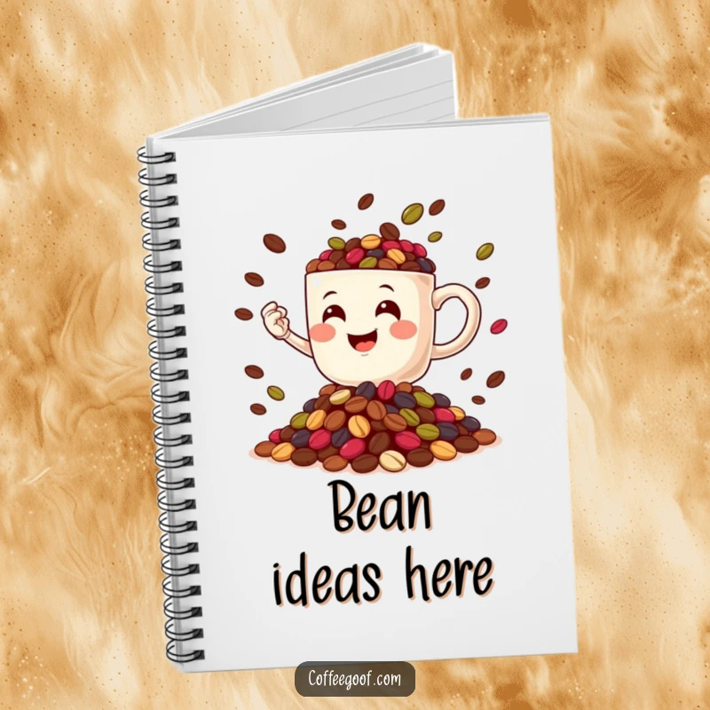 Funny Coffee Mug character juggling colorful coffee beans on the cover of a notebook, inspiring creativity and smiles.