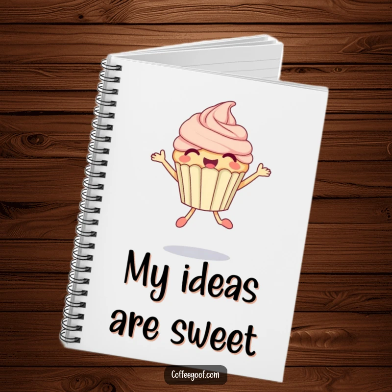 Funny Cupcake Notebook featuring a delighted anthropomorphic cupcake performing a bubbly jump, ideal for notes and sweet ideas.