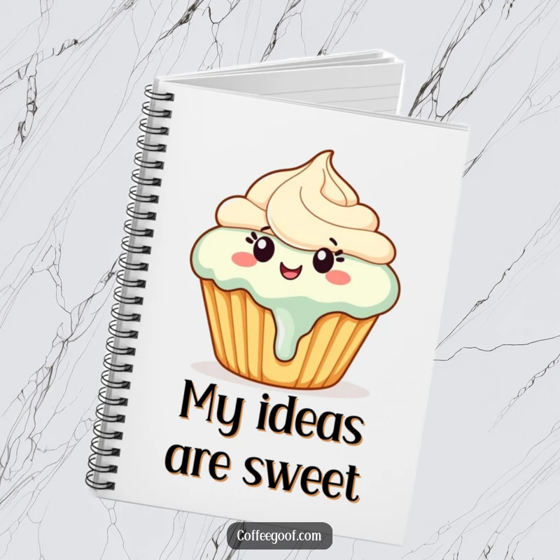 Funny cupcake notebook featuring a happy cupcake with melting frosting dancing, ideal for jotting down sweet thoughts.