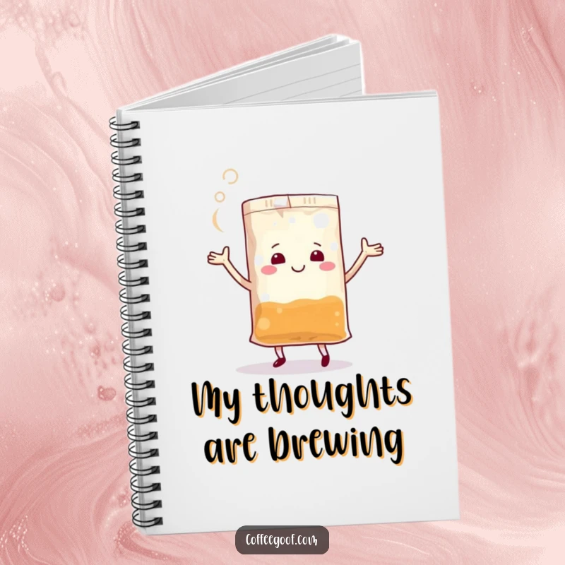Funny Teabag Notebook featuring a lively anthropomorphic teabag dancing with steam, perfect for capturing thoughts and inspiration.