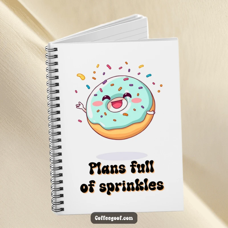 Funny donut character grinning while juggling sprinkles, featured on a notebook cover for sweet inspiration.