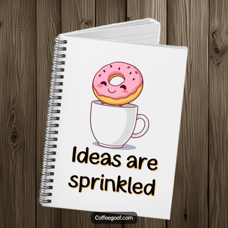 Funny notebook featuring a smiling donut leaping over a steaming mug, perfect for notes, sketches, or recipes with a sweet twist.