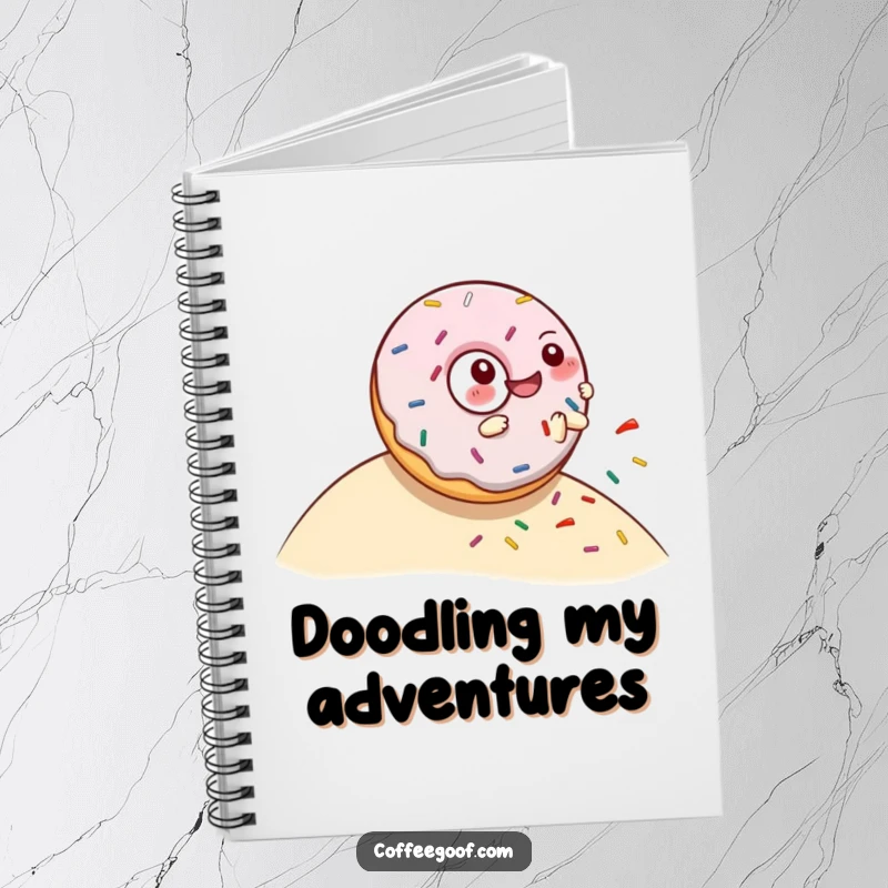 Funny notebook with a giggling donut character rolling downhill, scattering sprinkles, perfect for jotting down sweet ideas.