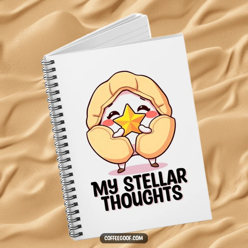 Funny notebook with a grinning fortune cookie cracking open to reveal a golden star, perfect for journaling lucky thoughts.