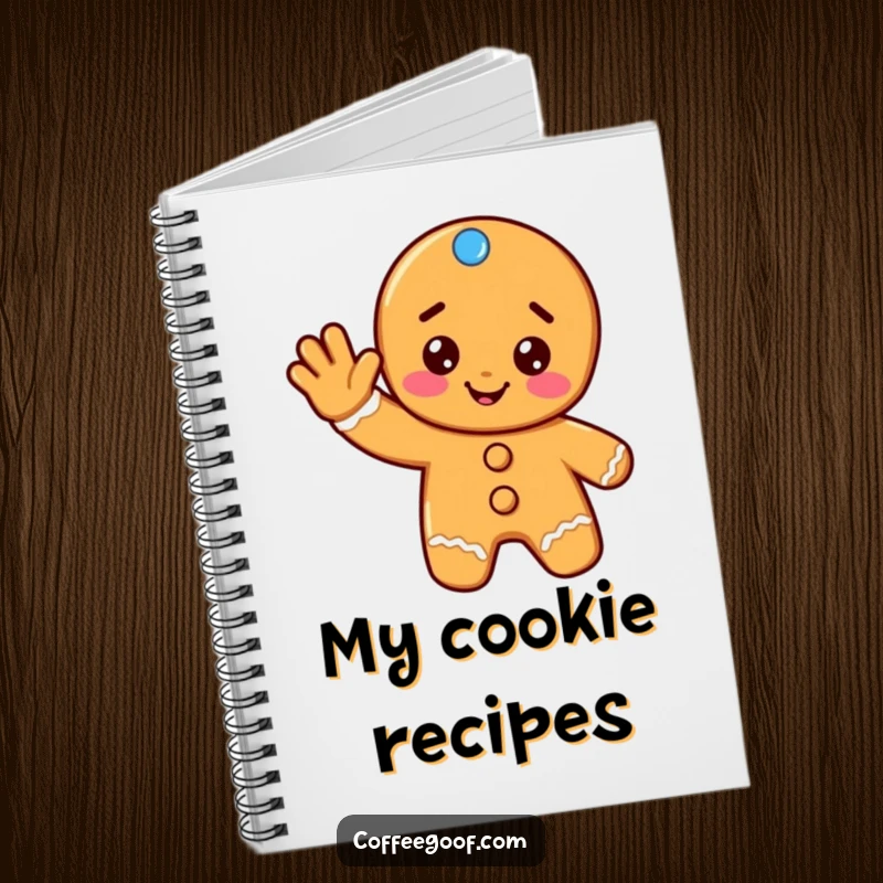 Funny gingerbread notebook featuring a cheerful cookie giving a friendly wave, perfect for jotting down festive plans and ideas.