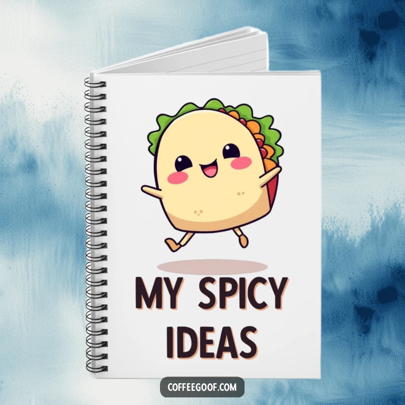 Funny notebook cover depicting a happy taco with legs dancing a jig, symbolizing festive fun and culinary creativity, perfect for jotting notes.