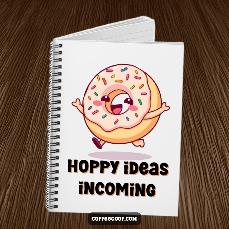 Funny donut character with bouncing sprinkles hopping on the cover of a notebook, inspiring sweet thoughts and energetic creativity.