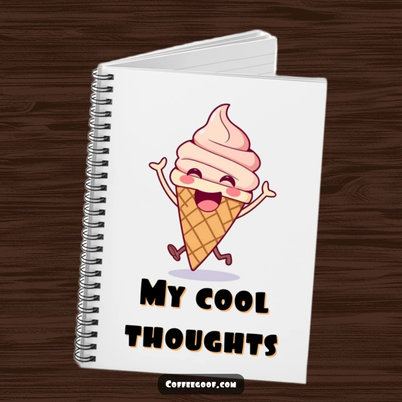 Funny ice cream notebook featuring an excited cone doing a happy bounce, perfect for jotting down sweet thoughts and ideas.