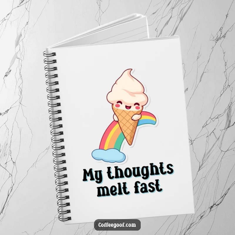 Funny Ice Cream Notebook featuring a smiling anthropomorphic ice cream cone sliding down a rainbow, ideal for notes and sweet ideas.