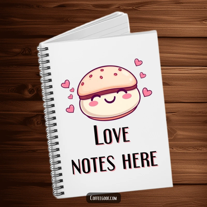 Funny smiling macaroon character with tiny hearts floating around it on a spiral notebook cover, a cute stationery item