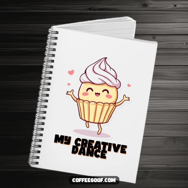 Funny notebook cover with a whimsical muffin character dancing with frosting swirls, inspiring sweet thoughts and humorous notes.