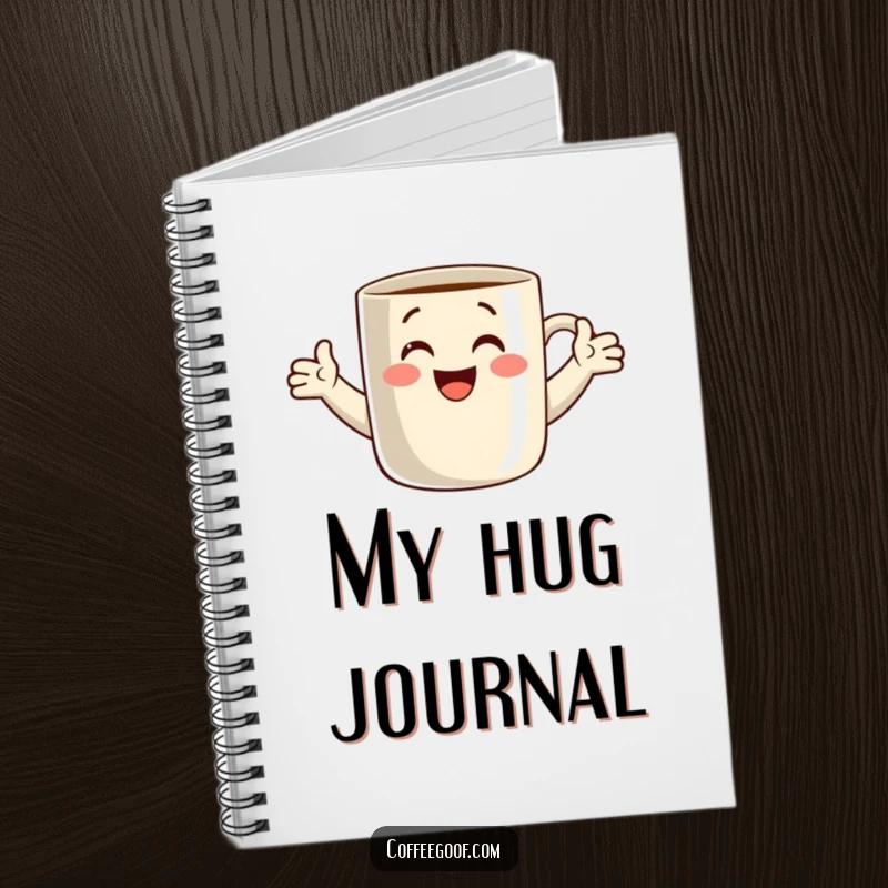 Funny notebook cover with a smiling coffee mug offering an open-armed hug. Ideal for journaling, note-taking, or creative writing.