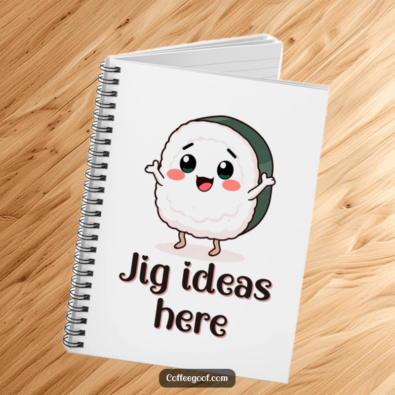 Funny notebook cover featuring a piece of sushi enthusiastically dancing a jig. Ideal for journaling, notes, or creative brainstorming.