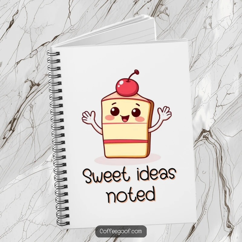 Funny notebook cover featuring a happy slice of cake with a cherry, waving energetically. Ideal for journaling, notes, or sweet brainstorming.