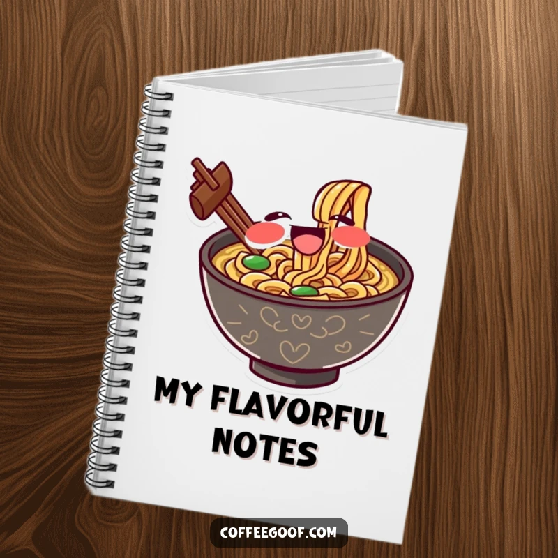 Funny notebook with a gleeful ramen bowl character slurping noodles with exaggerated delight, perfect for jotting down thoughts humorously.
