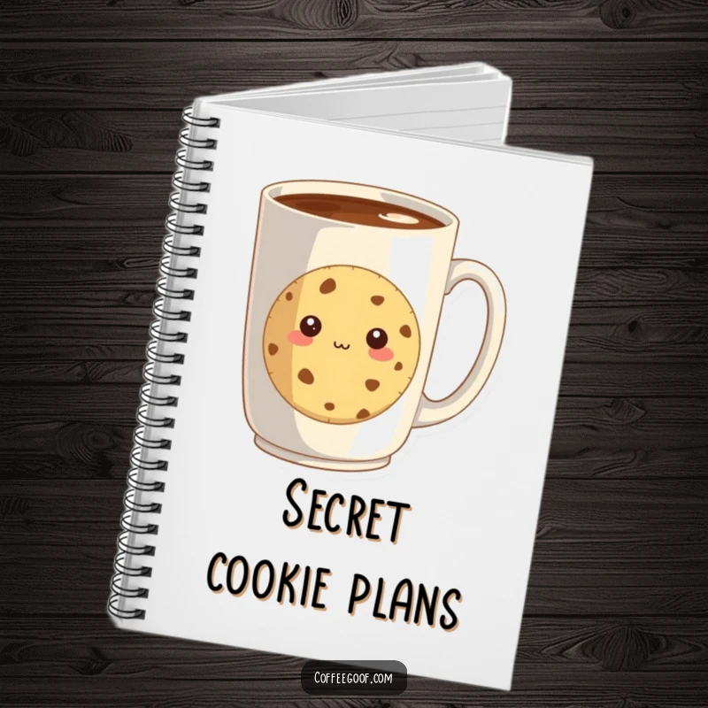 Funny notebook featuring a shy cookie peeking from behind a giant coffee mug, perfect for jotting down notes with a sweet, hesitant flair.