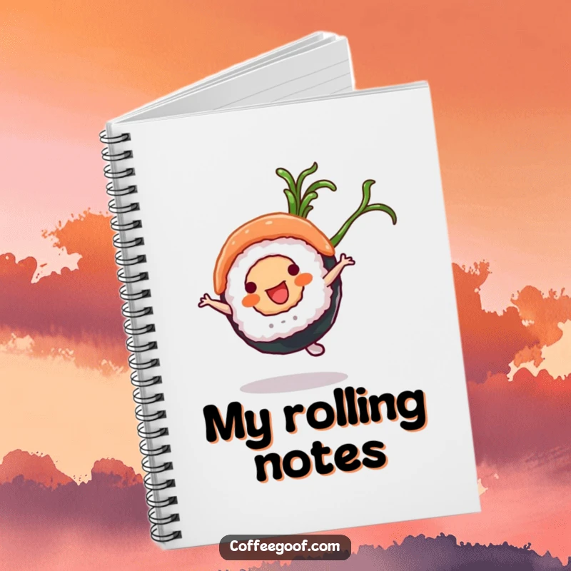 Funny Sushi Notebook: A sushi roll character doing a cartwheel with a seaweed flourish, perfect for jotting down foodie inspirations.