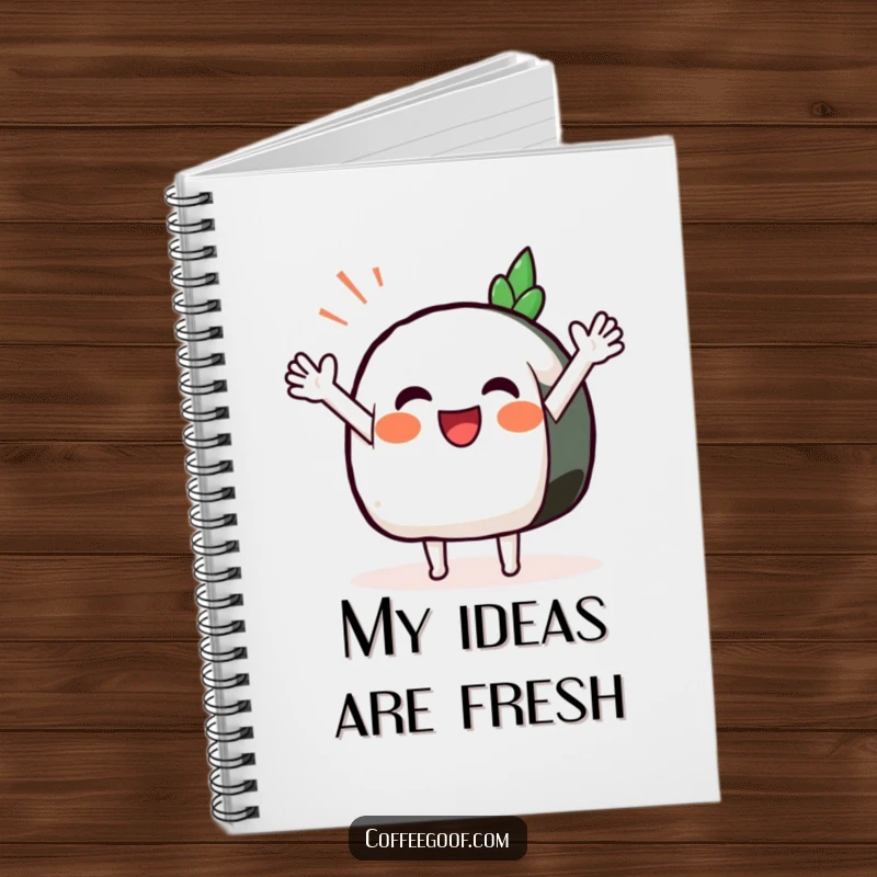 Funny Sushi Notebook featuring a smiling anthropomorphic sushi with outstretched arms waving hello, ideal for notes and ideas.
