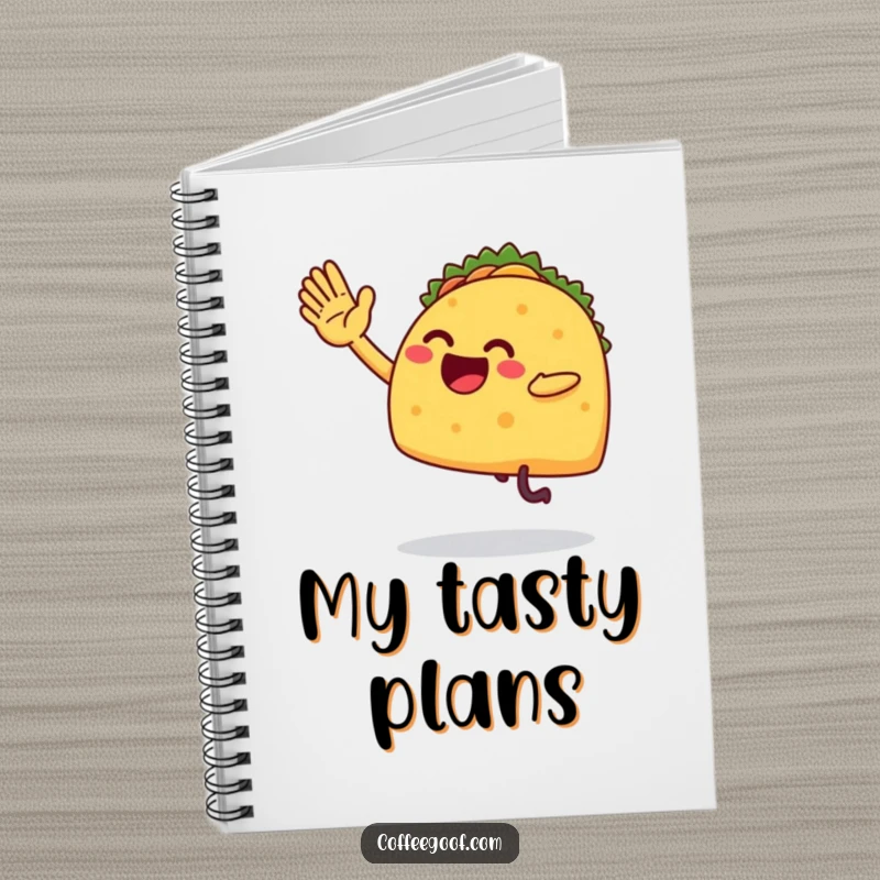 Funny notebook with a taco character giving a clumsy high-five, ideal for jotting down recipes, notes, or party ideas with a humorous touch.