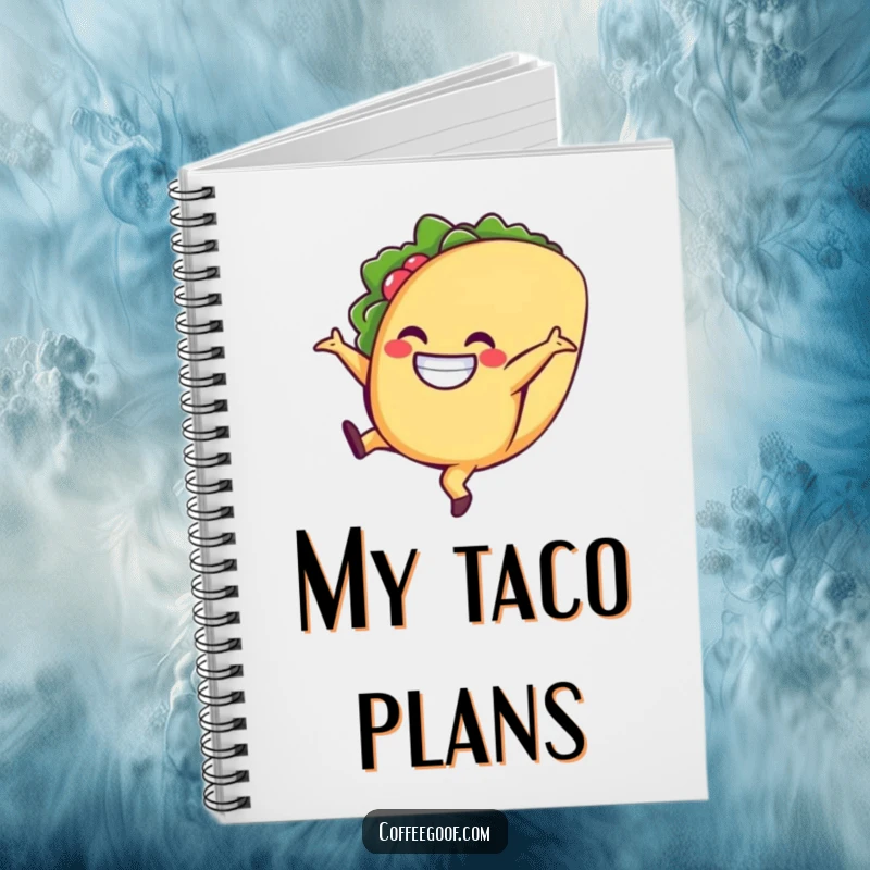 Funny taco notebook, a grinning character doing a cartwheel, perfect for writing, planning, or doodling fiesta ideas.