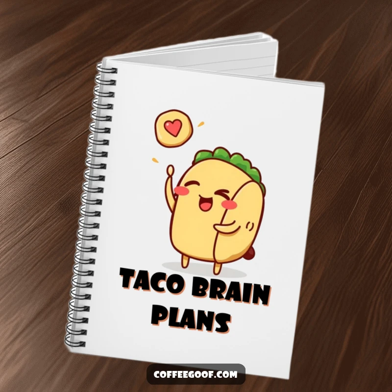 Funny winking taco character flipping a pancake on the cover of a notebook, encouraging delicious ideas and humor.