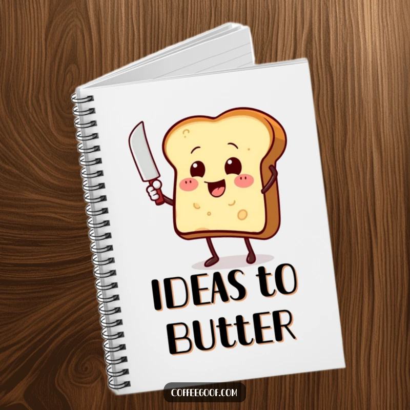 Funny toast character with a butter knife, waving eagerly on a spiral notebook cover, a humorous stationery item for notes