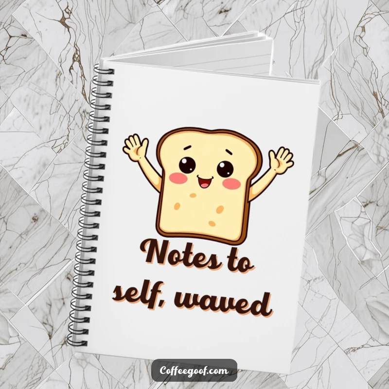 Funny toast character with arms enthusiastically waving, featured on a notebook cover for cheerful writing.