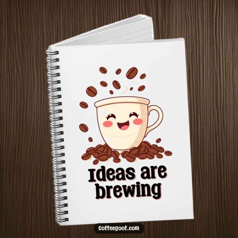 Funny coffee notebook with a smiling cup juggling beans, inspiring notes about coffee, ideas, and energy.