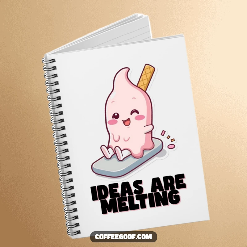Funny melting ice cream character in a slow, happy slide on a notebook cover, perfect for jotting down ideas.