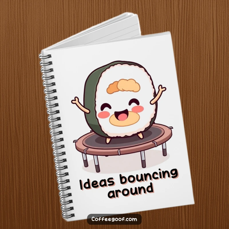 Funny sushi roll character joyfully bouncing on a trampoline, featured on the cover of a notebook for creative minds.