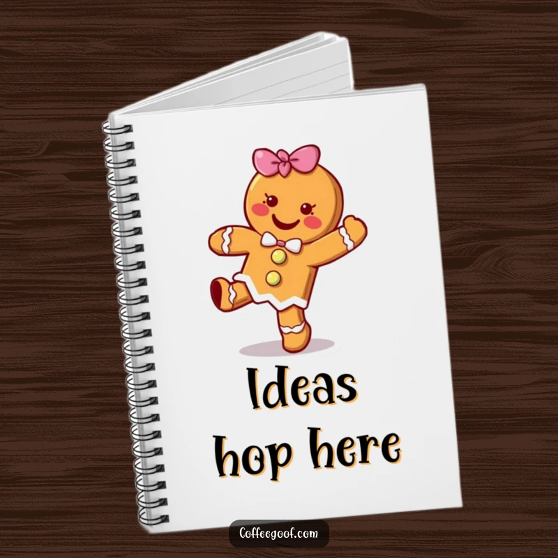 Funny cheerful gingerbread cookie character doing a happy little hop on a spiral notebook cover, a festive stationery item