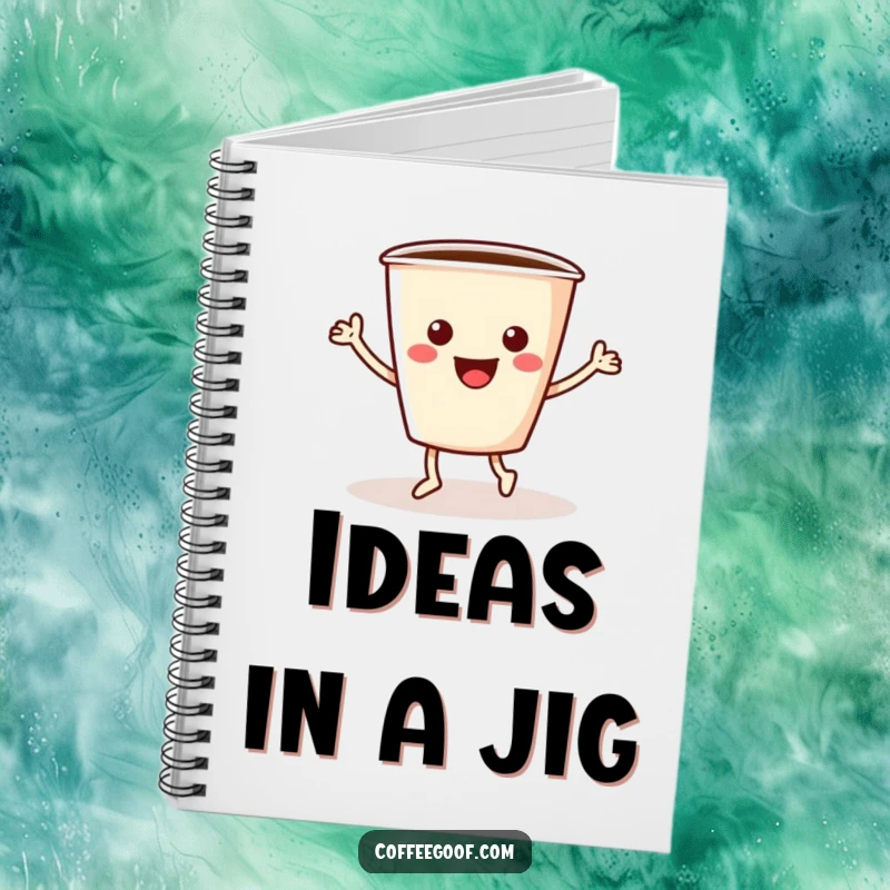 Funny coffee notebook cover depicting a cheerful coffee cup with arms and legs doing a lively jig, inspiring creativity.