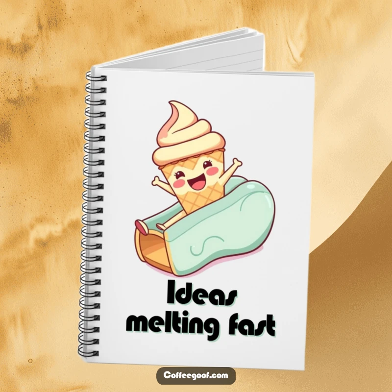 Funny notebook cover displaying a joyful anthropomorphic ice cream cone in mid-slide, inspiring creative and funny thoughts.