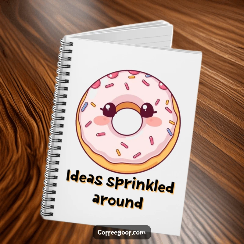 Funny Notebook featuring a smiling donut with lively sprinkles, perfect for capturing ideas with a touch of sweetness and as a funny gift.