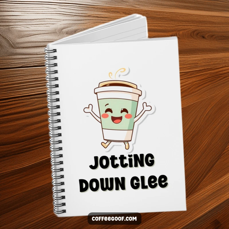 Funny coffee cup notebook, a joyful character bouncing, perfect for writing, sketching, or journaling with uplifting energy.