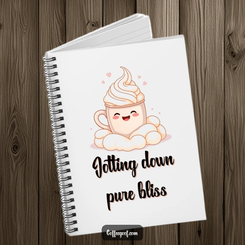Funny Notebook: Shows a smiling cocoa mug cannonballing into whipped cream, ideal for jotting notes with a humorous, sweet flair.