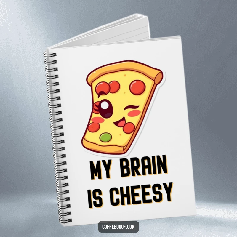 Funny pizza notebook featuring a cheerful slice winking with a pepperoni eye, ideal for jotting down cheesy thoughts.