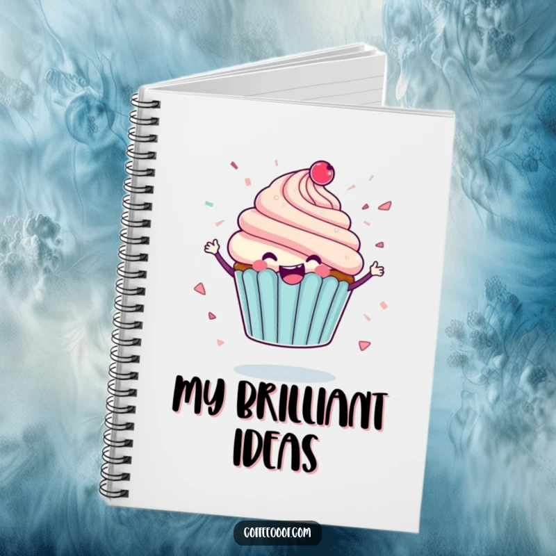 Funny notebook with a delighted cupcake character spinning, icing flying like confetti, perfect for jotting down thoughts with humorous flair.