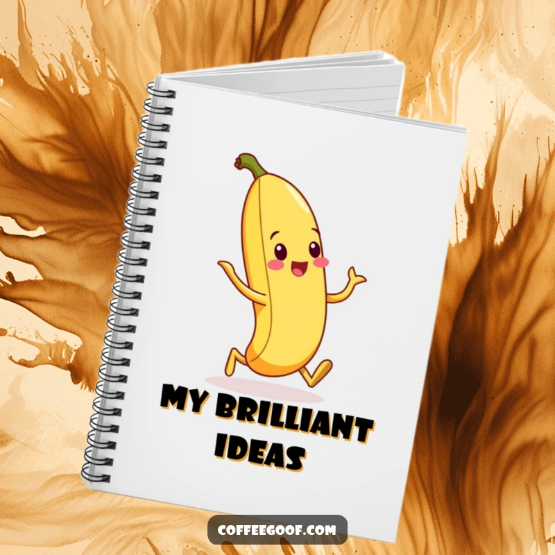 Funny notebook cover with a smiling banana peel performing a signature silly walk, inspiring quirky and humorous notes.